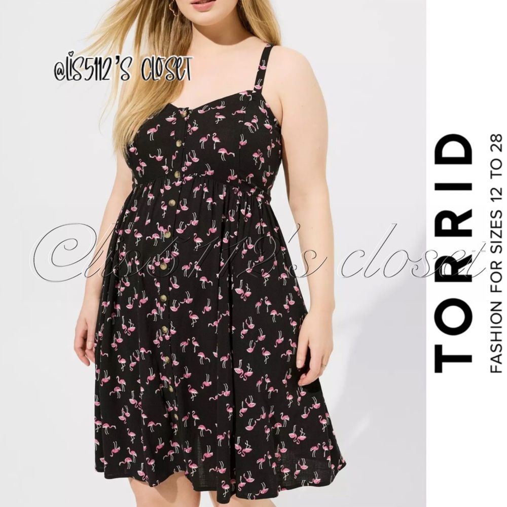 Torrid Pink Flamingo Print Black Lace-Up Back Fit n' Flare Dress 3X 22 24